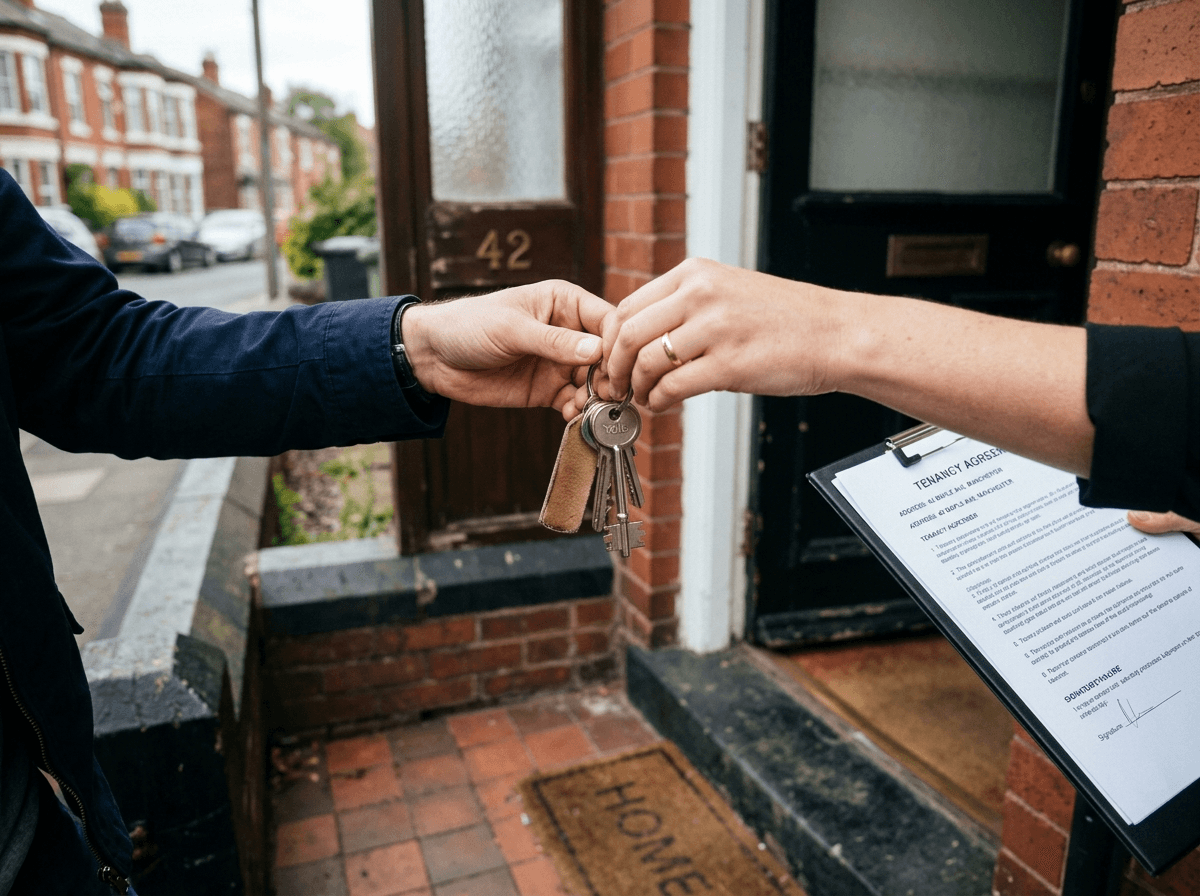 Handing over keys to a new tenant alongside a signed tenancy agreement at a Cheshire rental property