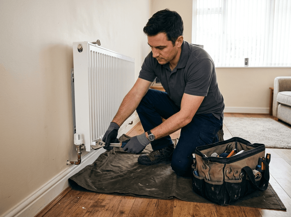 Maintenance engineer servicing a radiator inside a Cheshire rental property