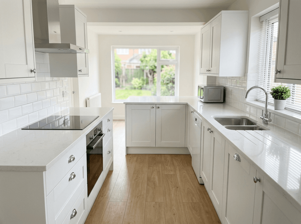 Newly refurbished modern white kitchen in a Cheshire rental property