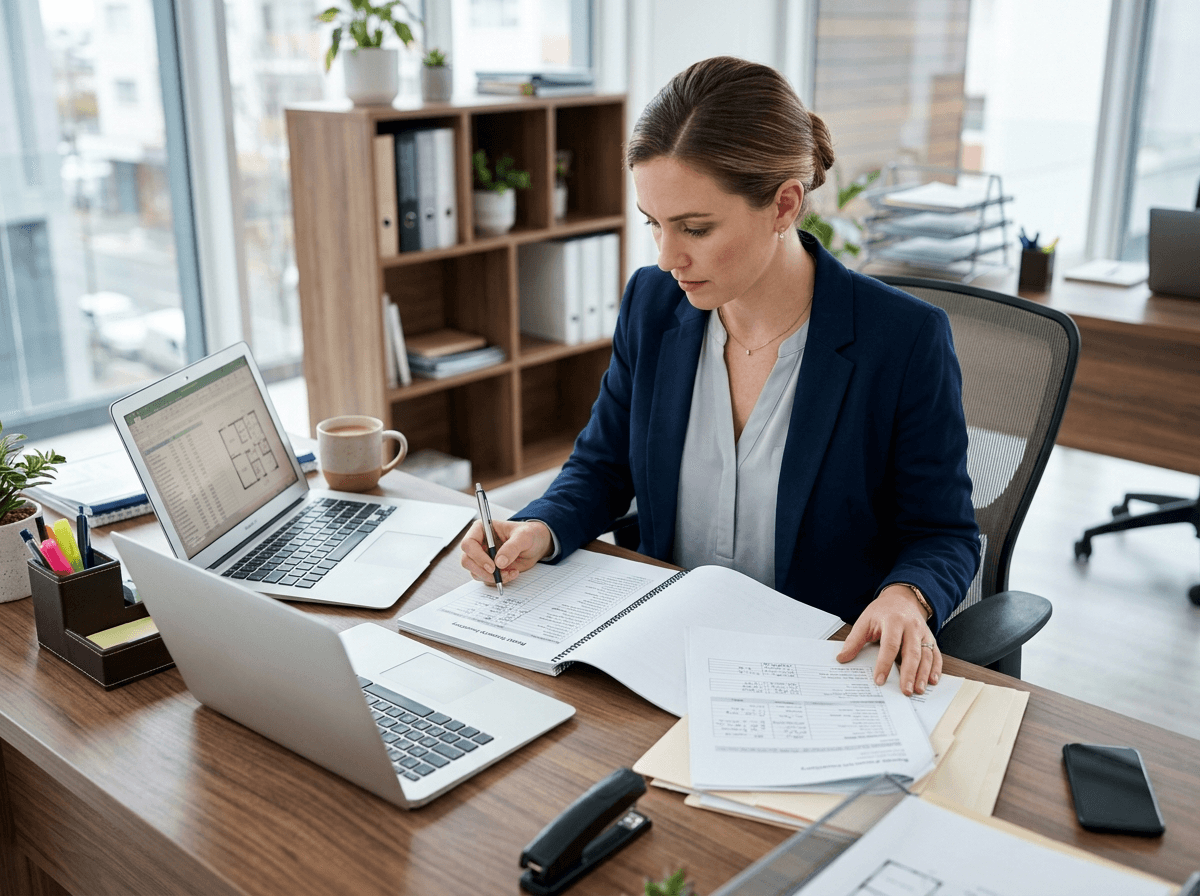 Property manager reviewing rental accounts and tenancy paperwork at a desk